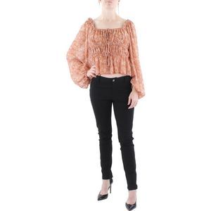 Moon River Womens Orange Metallic Crop Strings Peasant Top Shirt NWT